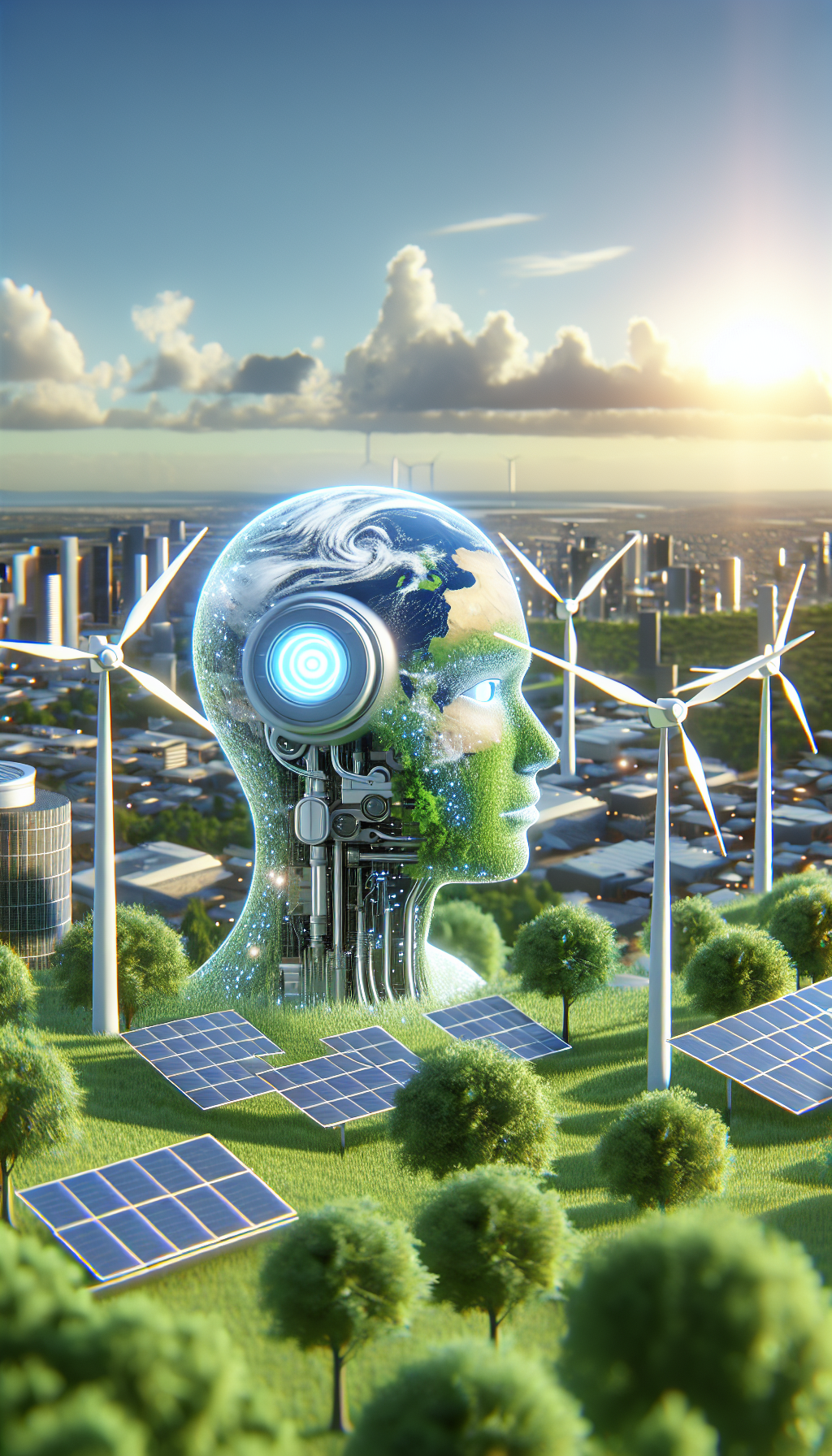 AI analyzing climate data with wind turbines and urban greenery