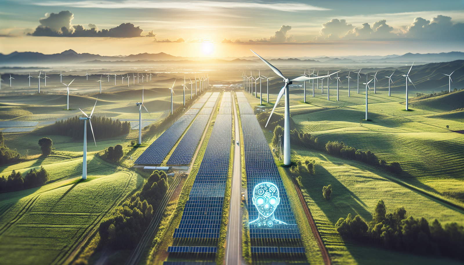 AI technology in a renewable energy farm with wind turbines and solar panels.