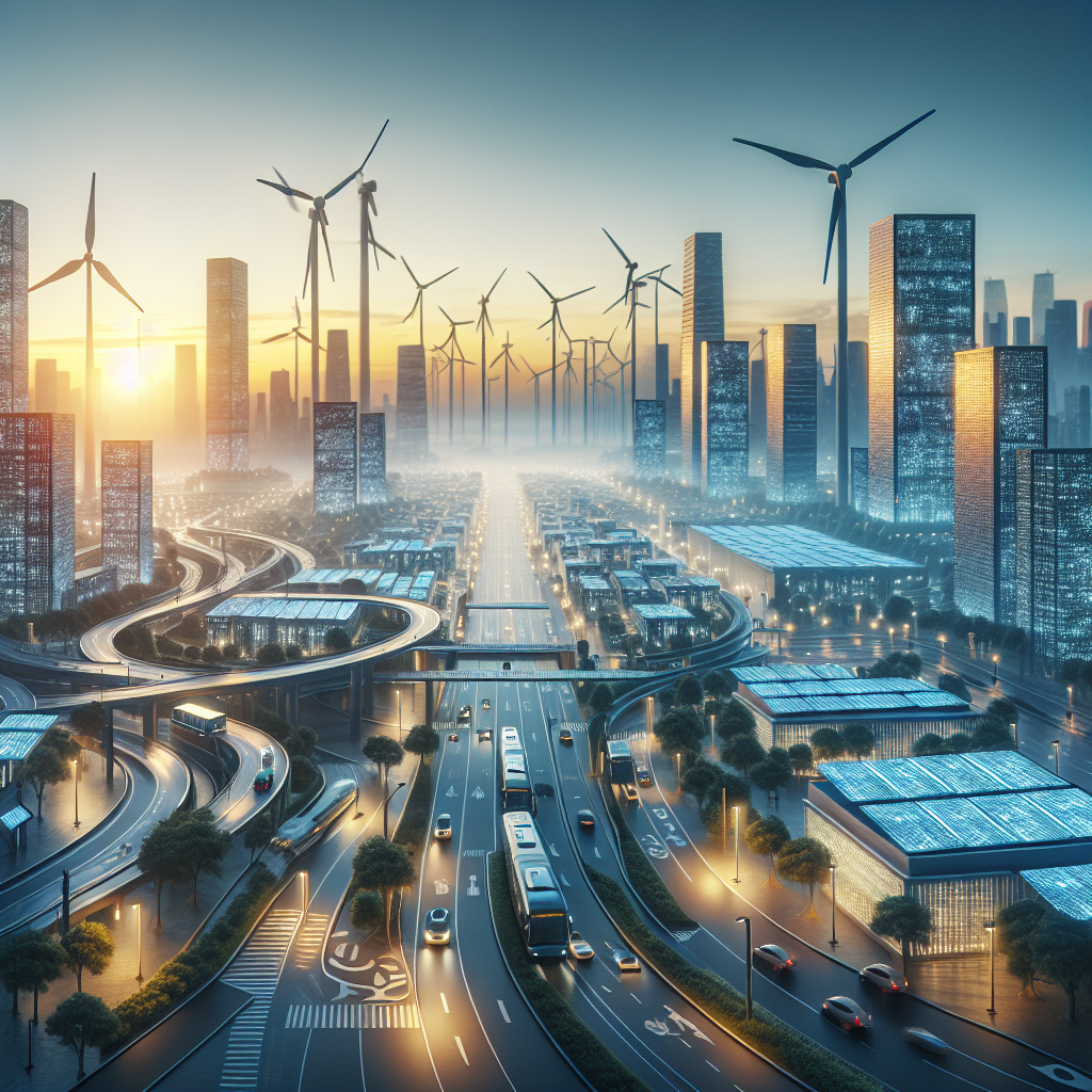 AI-driven cityscape with renewable energy solutions at dawn.