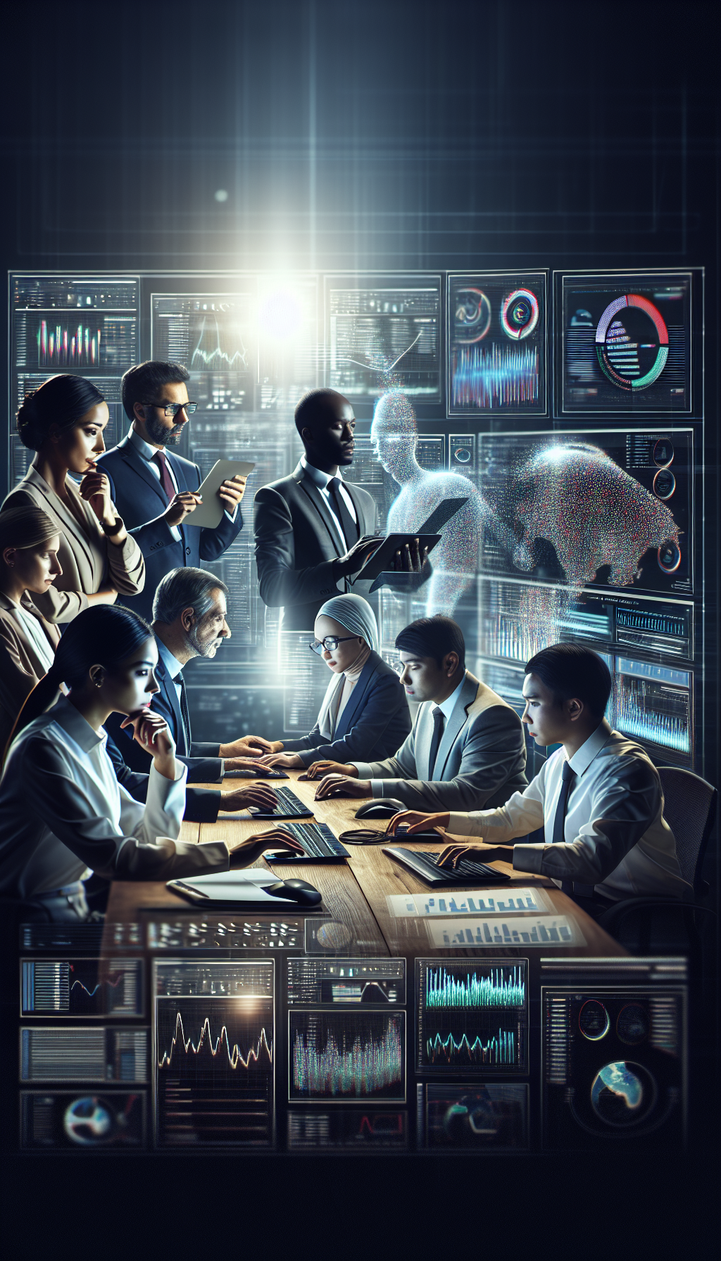 AI-enhanced corporate sustainability reporting with diverse team analyzing data.