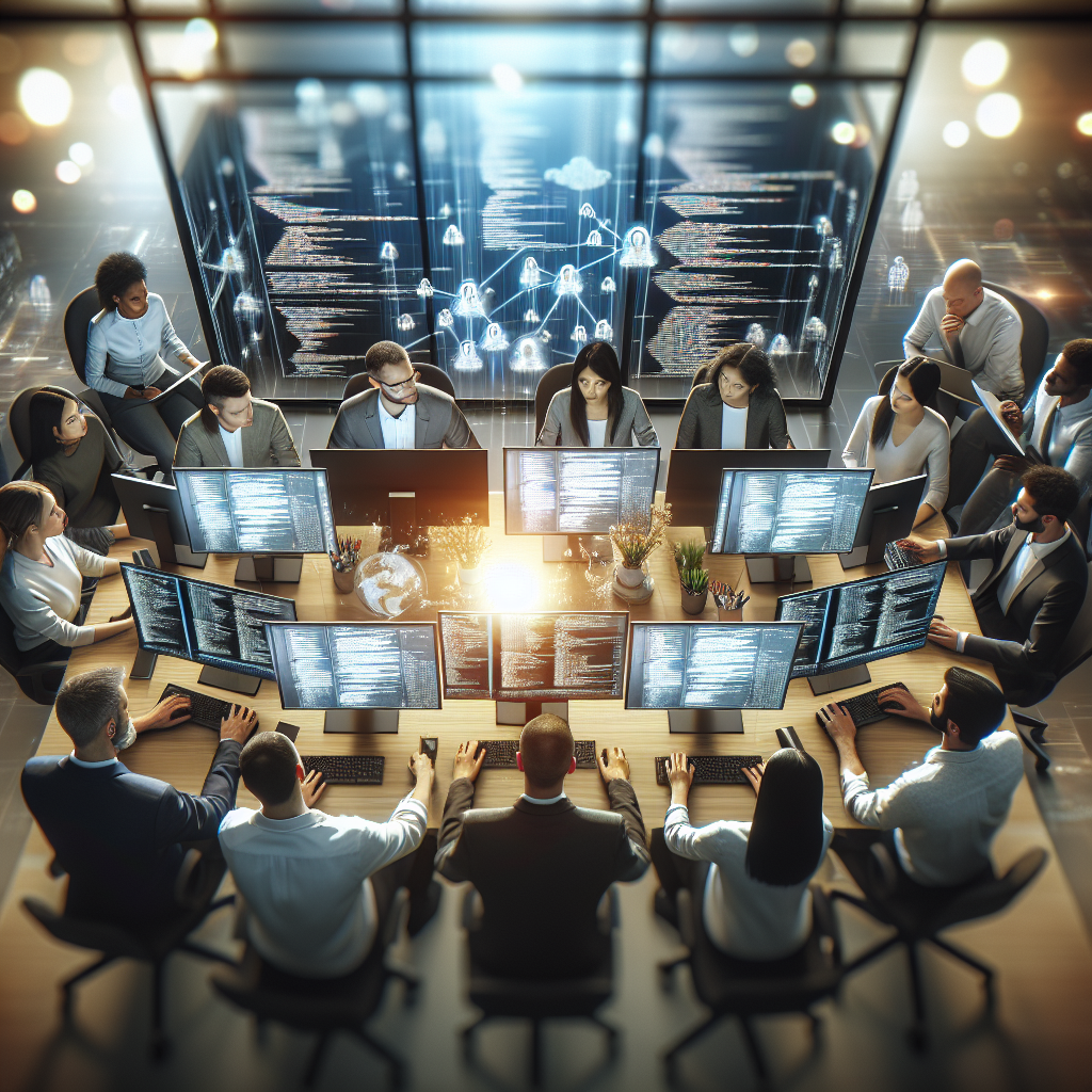 Engineers developing ethical AI algorithms in a modern office.