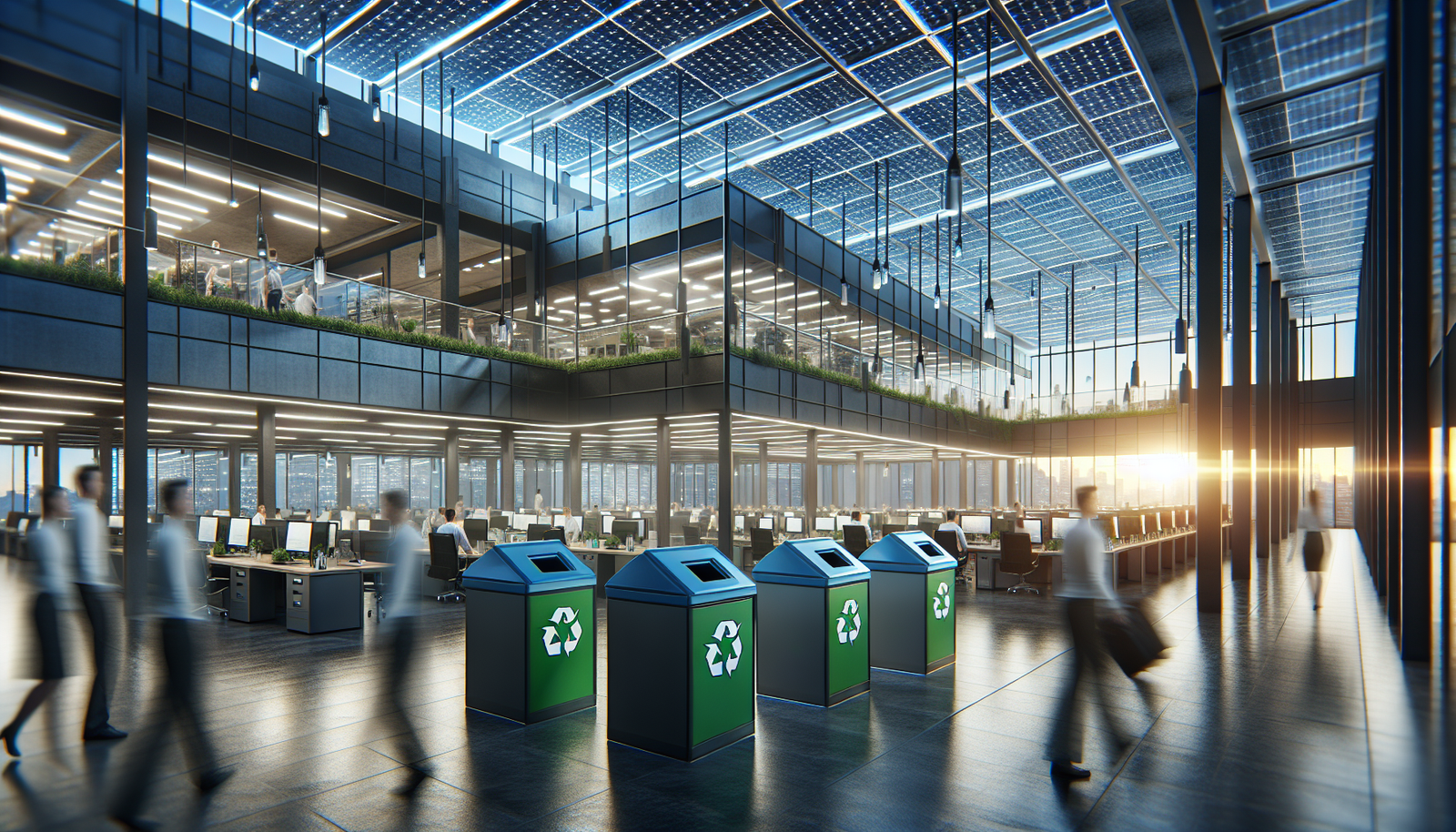 Corporate office showcasing sustainability with solar panels, energy-efficient lighting, and recycling stations.