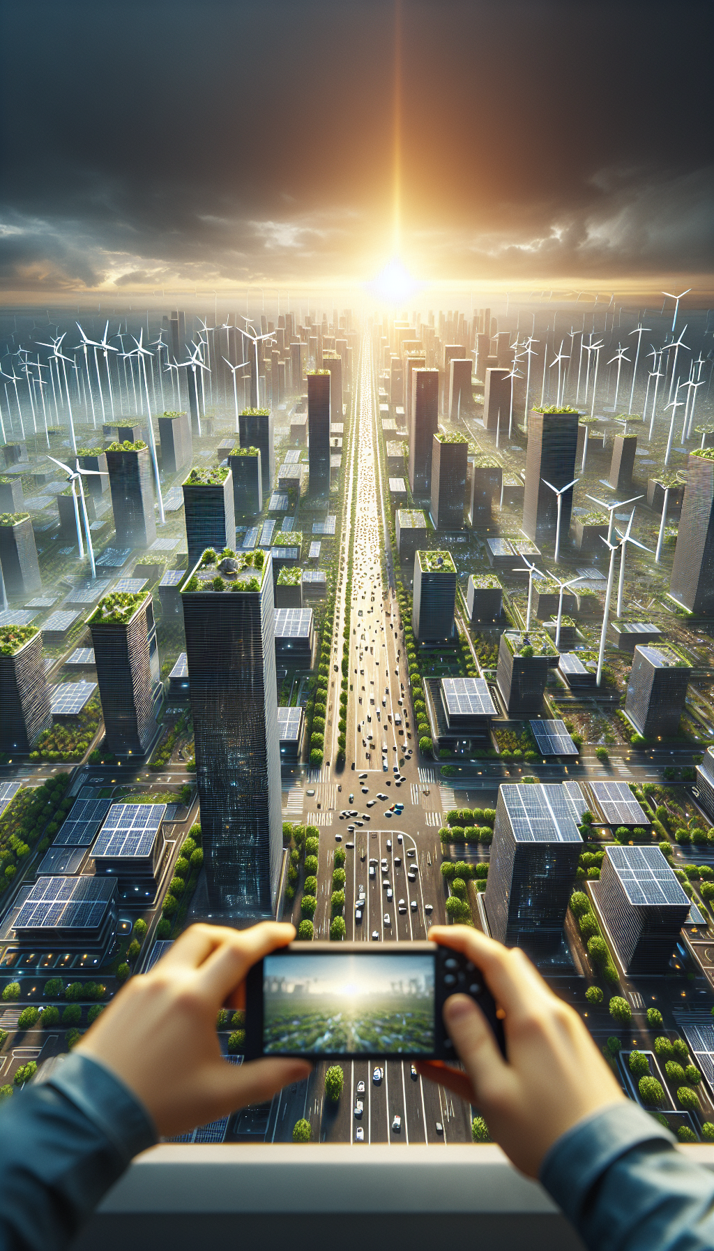 Futuristic city with renewable energy and AI technologies, showcasing solar panels and wind turbines.