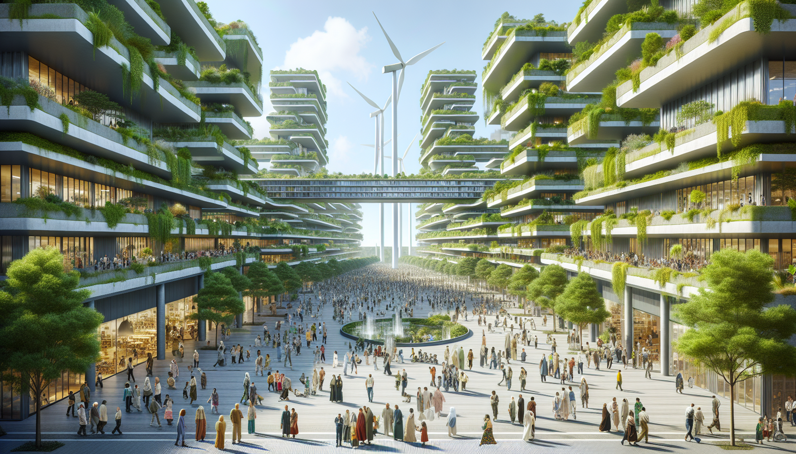 Sustainable green cityscape with modern architecture and renewable energy.