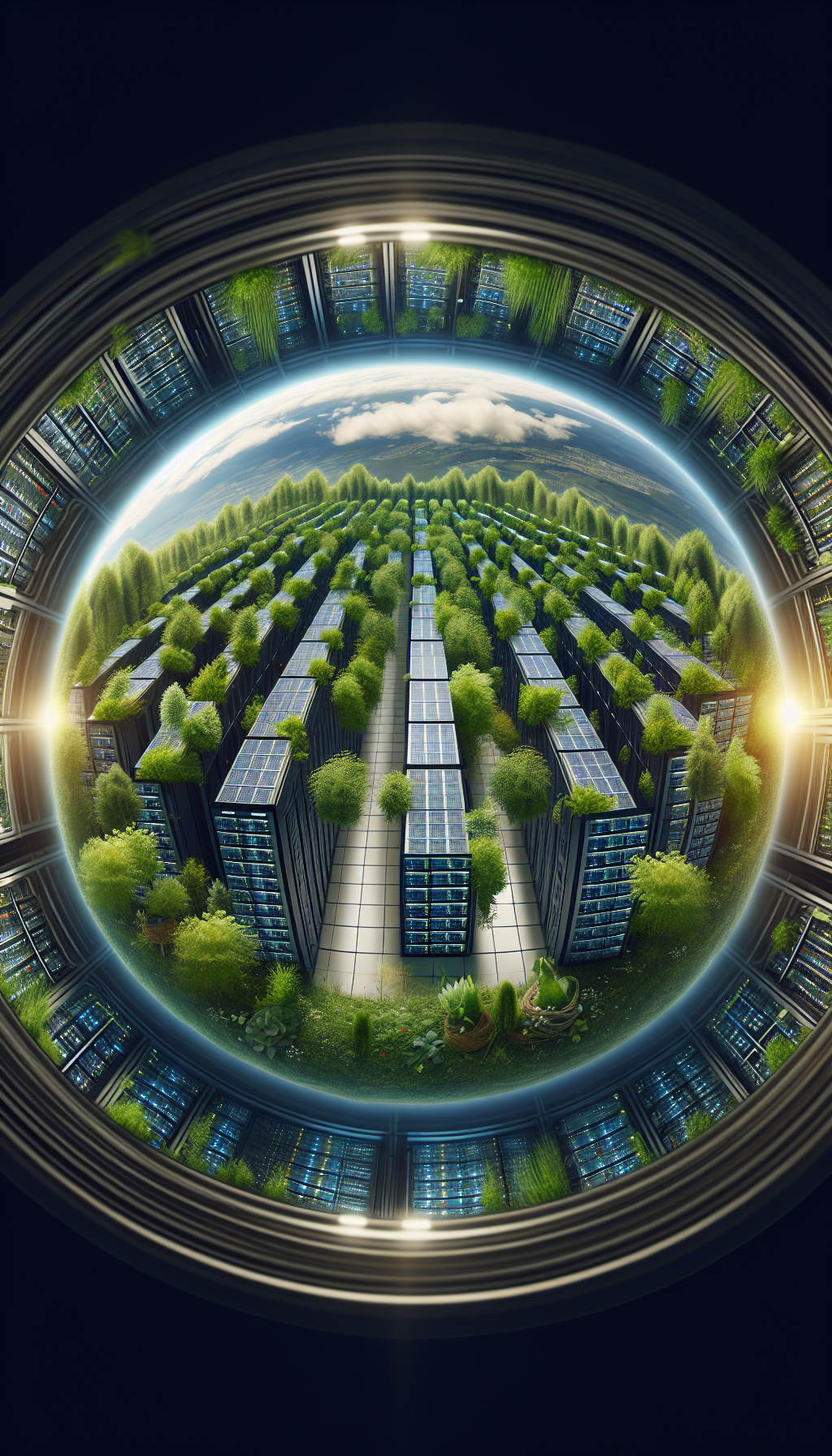 Eco-friendly data center with energy-efficient servers and integrated greenery.
