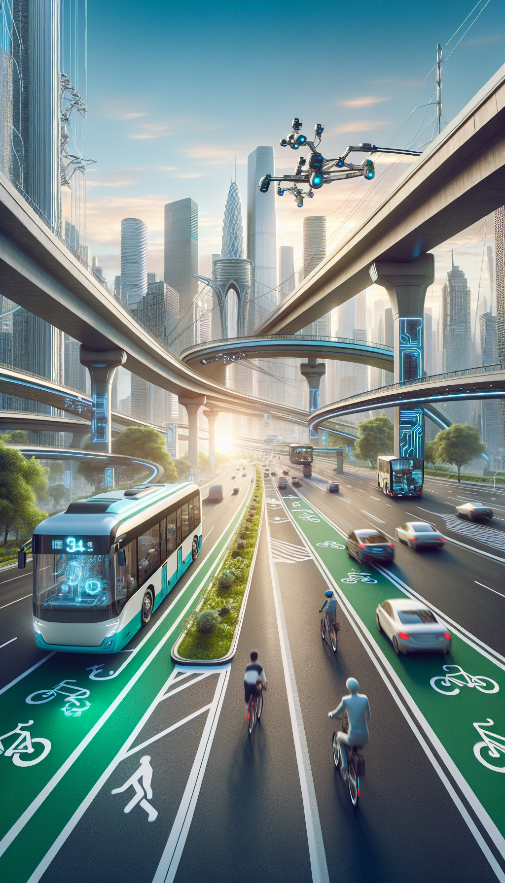 AI-driven urban mobility with electric buses and smart traffic systems in a cityscape.