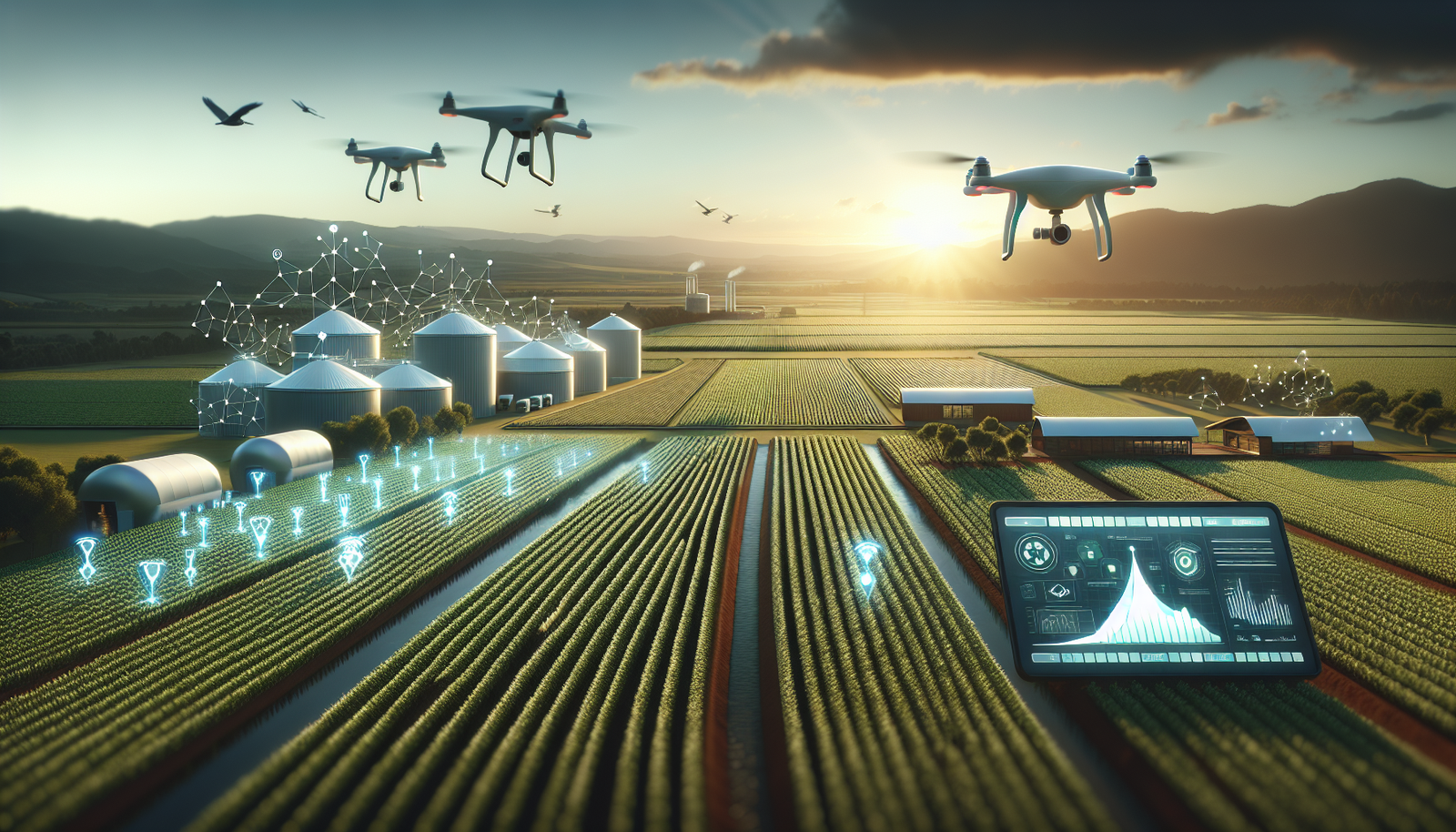 A modern farm using AI technology for sustainable precision agriculture with drones and digital interfaces.