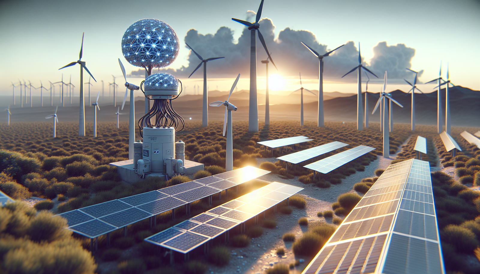 AI systems optimizing solar panels and wind turbines in a sustainable energy field.