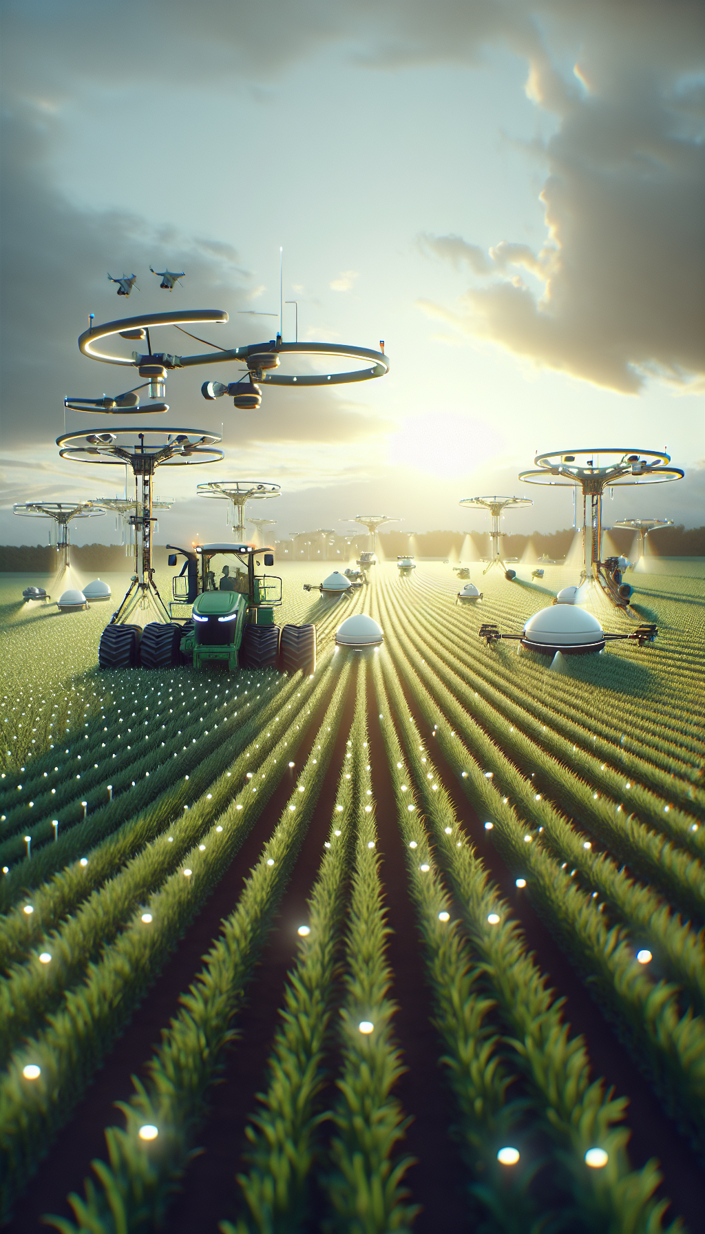 AI-powered farm showcasing advanced machinery and drones in a green field.