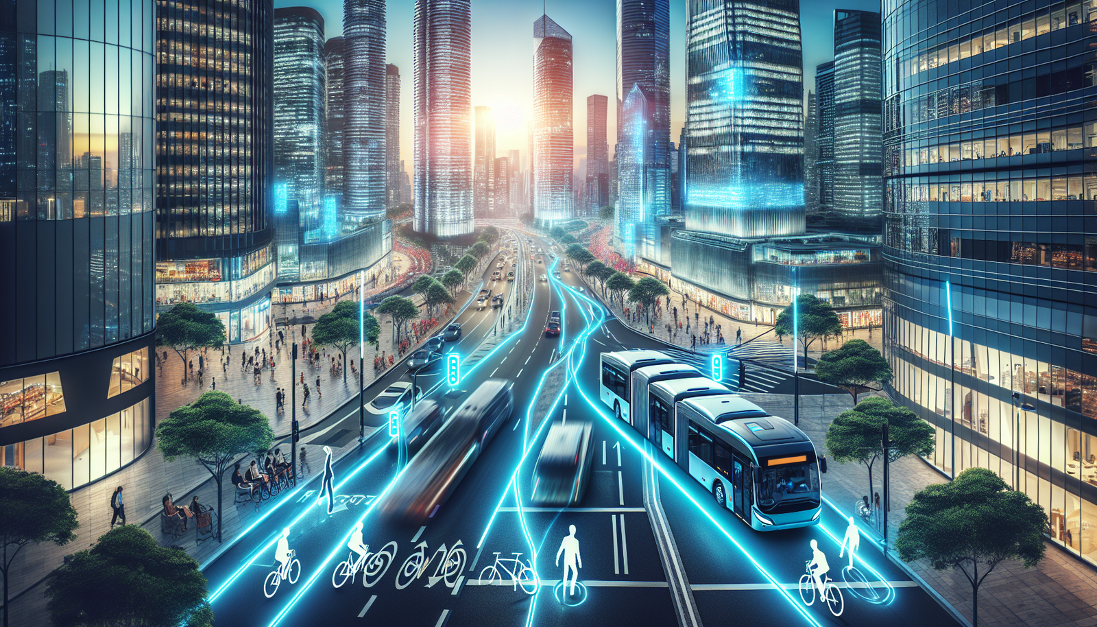 AI-powered sustainable transportation in a modern cityscape