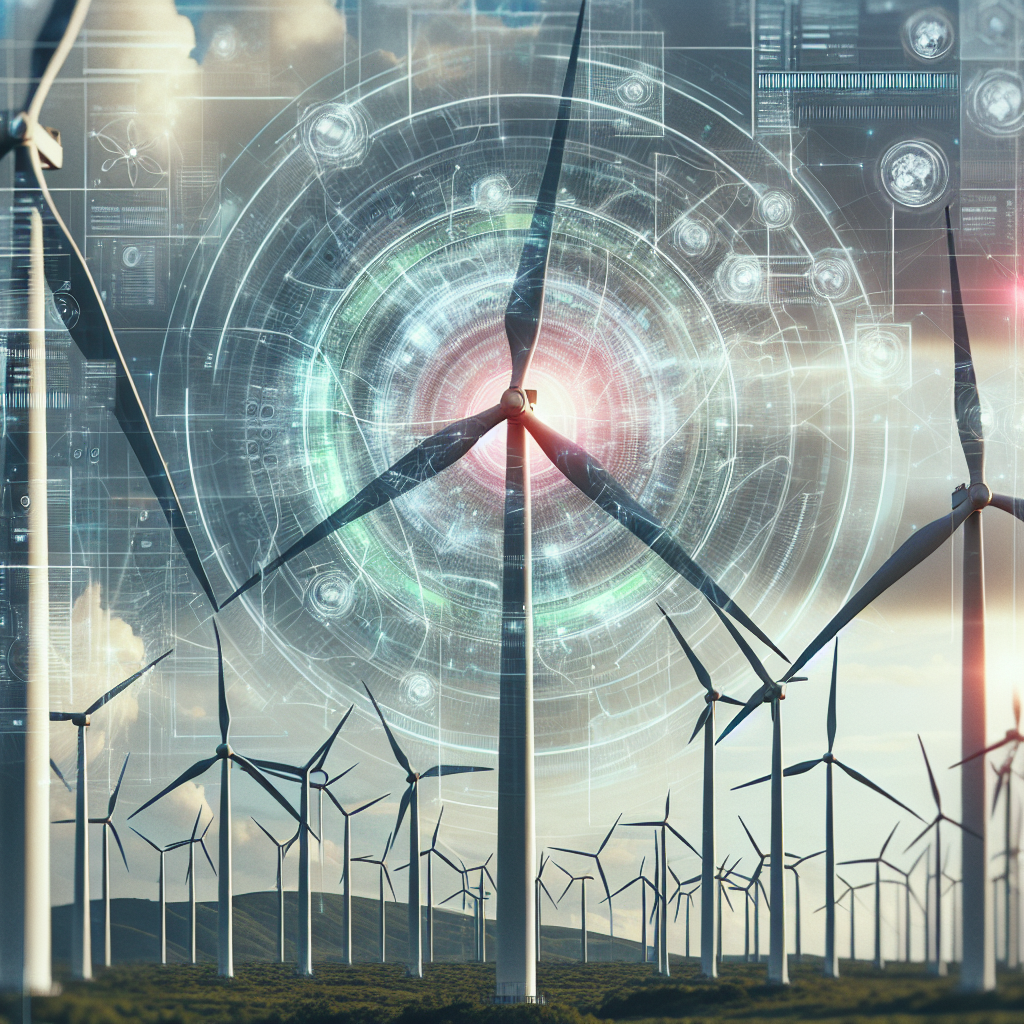 AI technology optimizing a wind farm with digital data overlay.