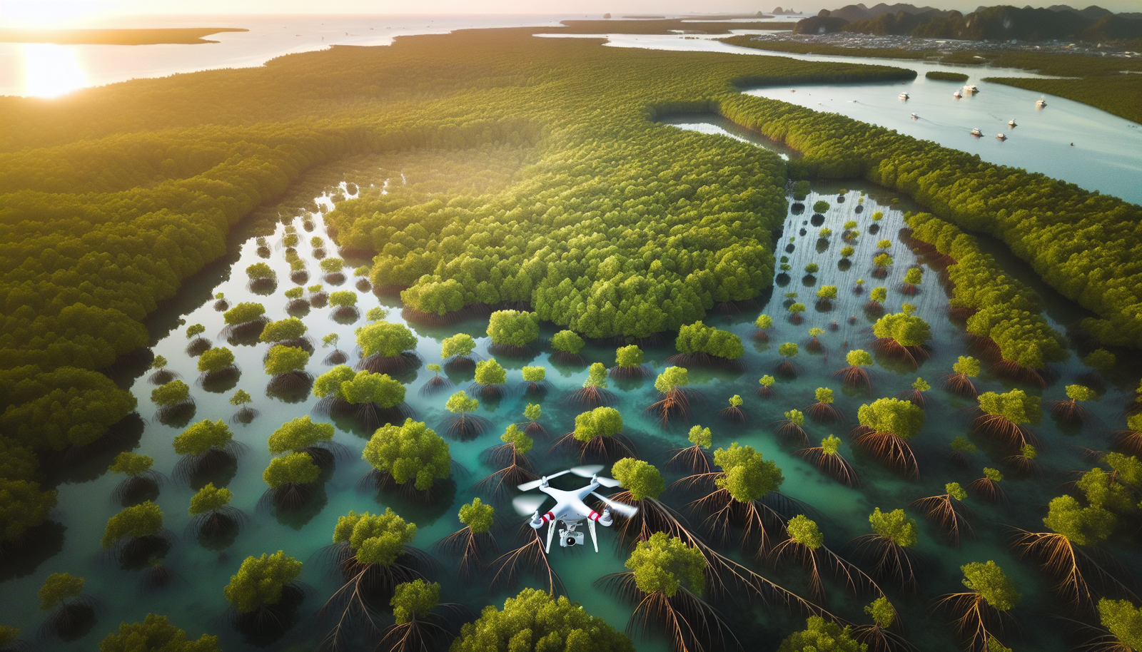 AI drone monitoring a mangrove forest with vibrant greenery and intricate root systems.