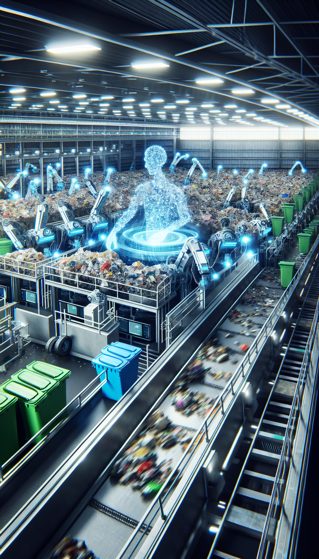 AI-powered machines sorting waste in a modern recycling facility, showcasing technological advancements in sustainability.