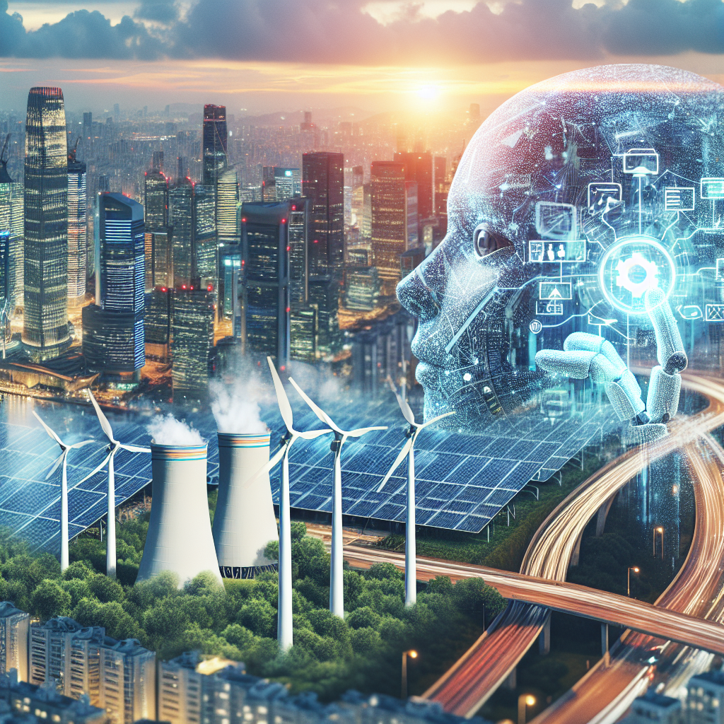 AI managing renewable energy in a sustainable cityscape.