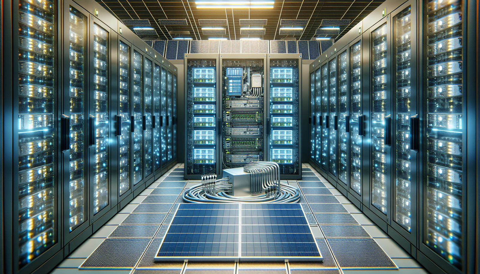 AI technology in a sustainable setting with data center and solar panels.