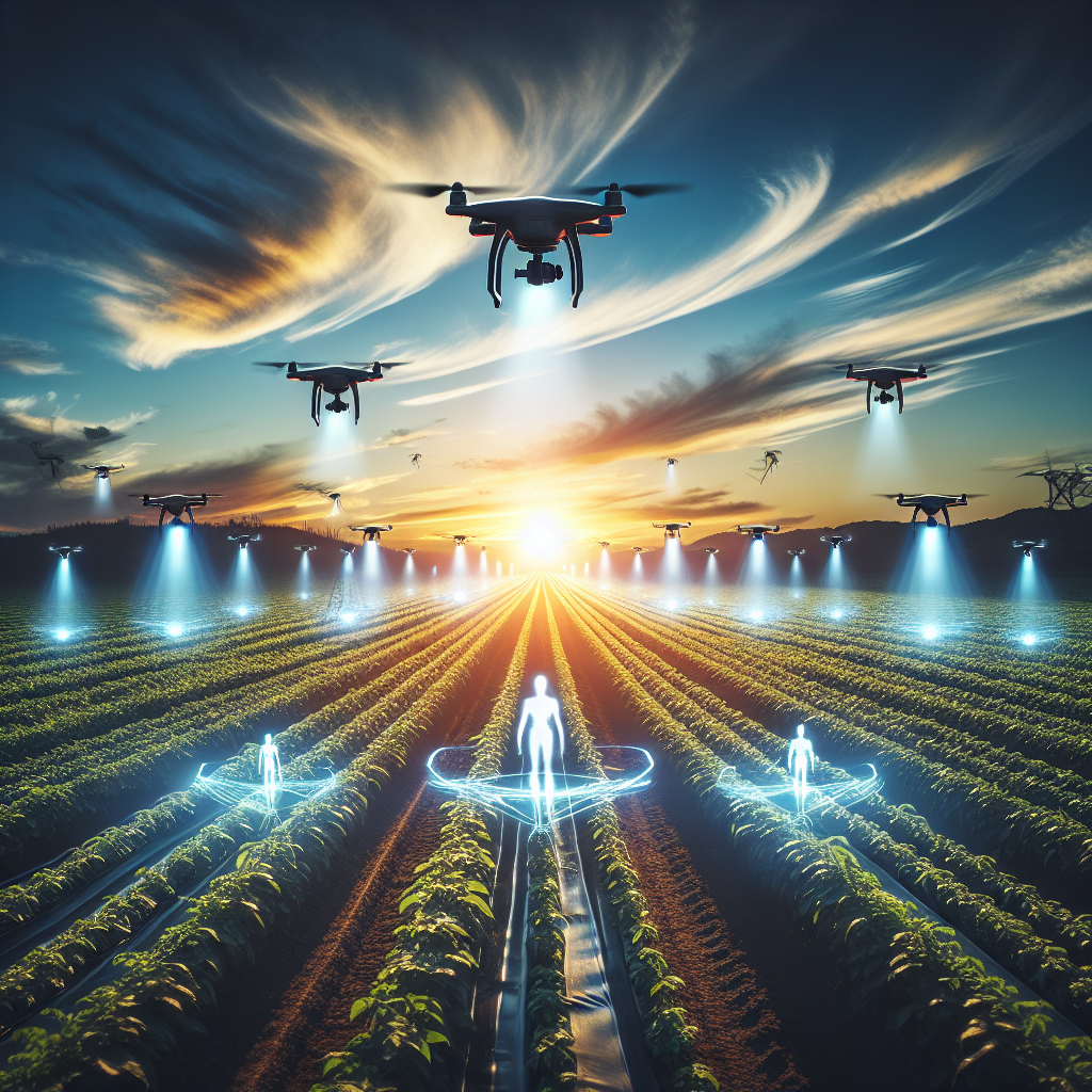 AI technology managing crops in a smart farm, featuring drones and sustainable practices.