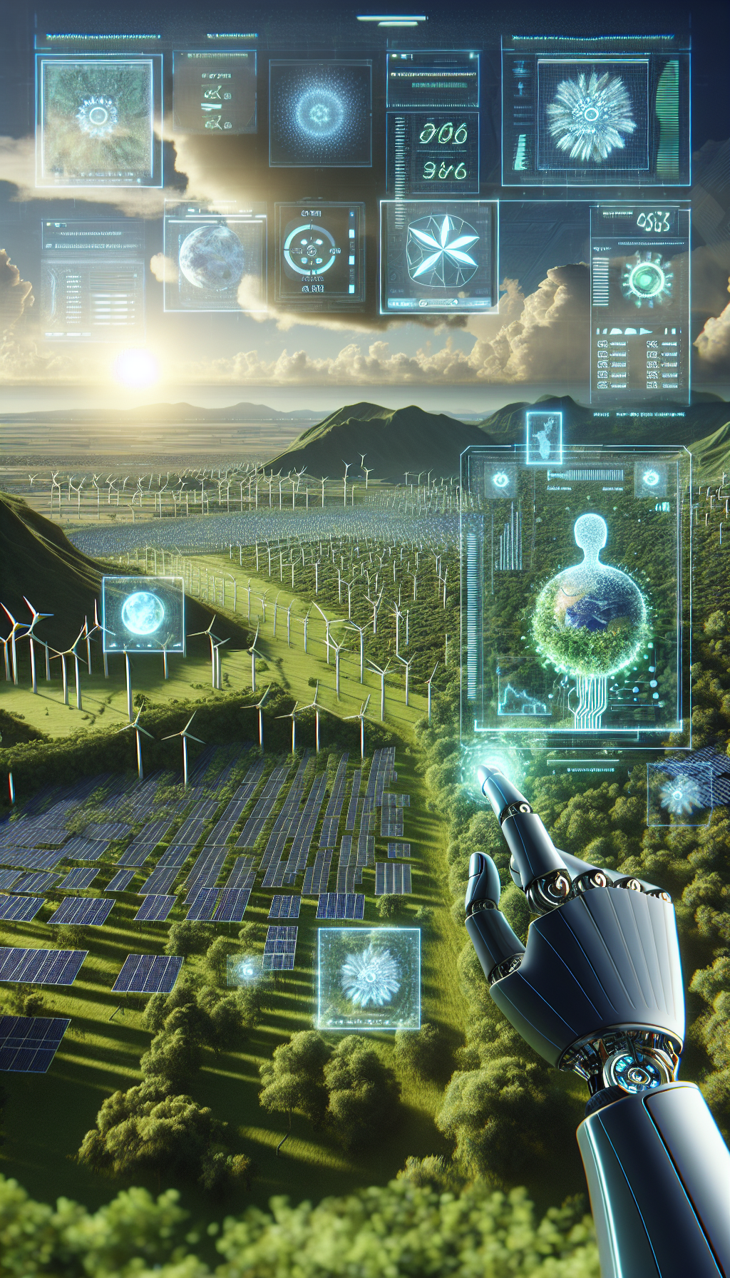 AI monitoring sustainability with solar panels and wind turbines in a green landscape.