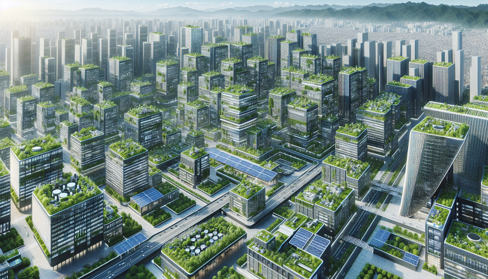 Futuristic cityscape with AI-driven sustainable buildings, green roofs, and solar panels.