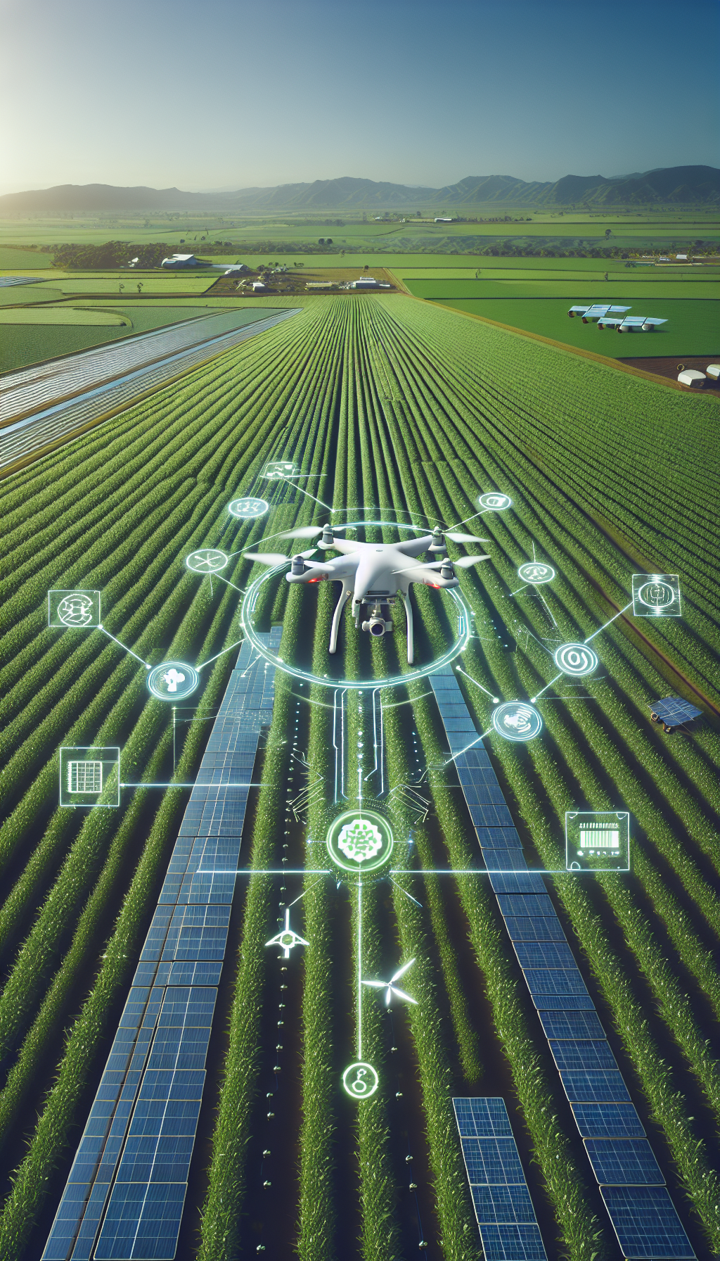 AI technology analyzing crops in a sustainable farm with drones and solar panels.