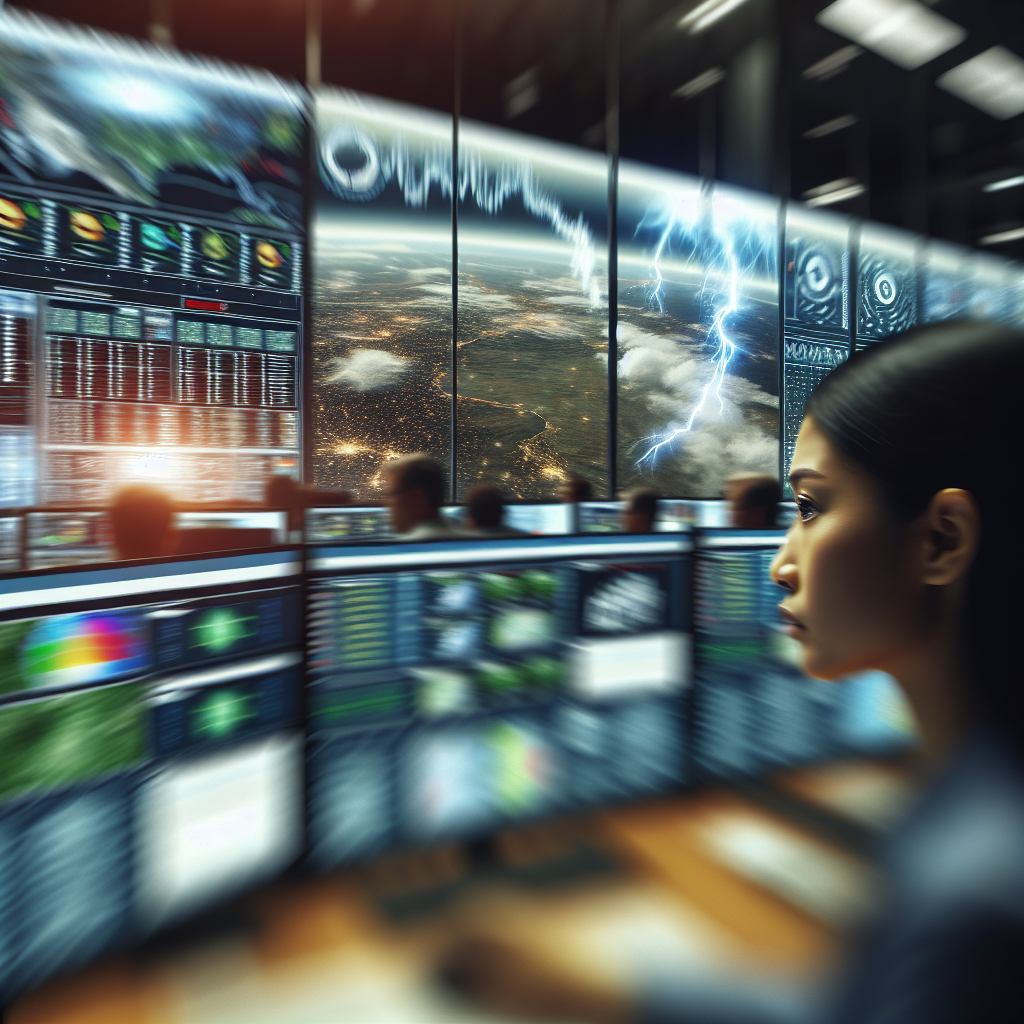 AI control center monitoring real-time disaster data with focused operator.