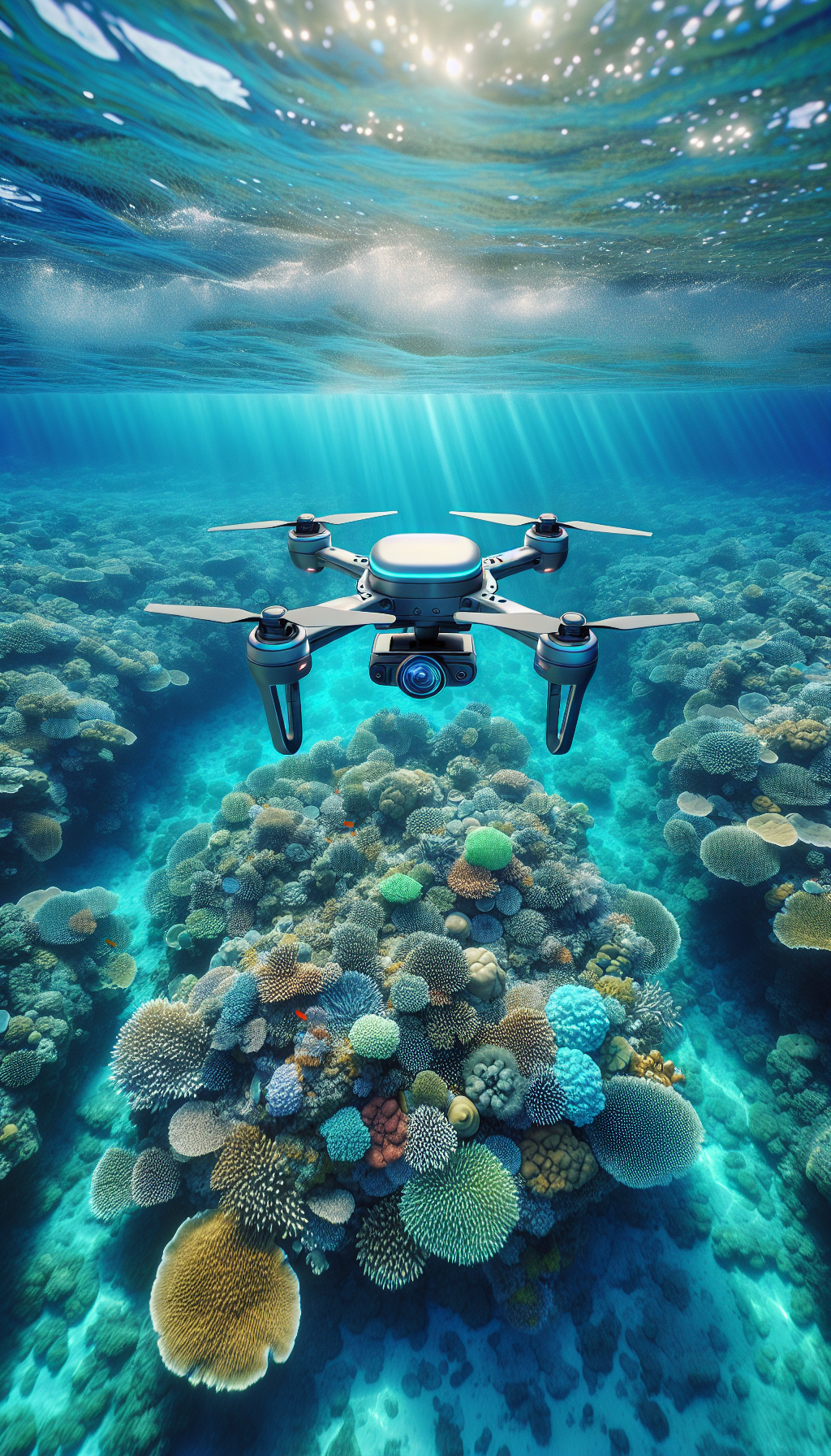 AI drone monitoring coral reef with marine life in clear ocean water.