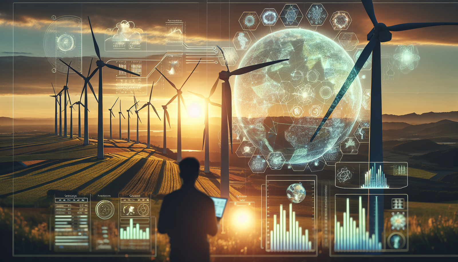 AI technology monitoring wind farm with digital climate map overlay