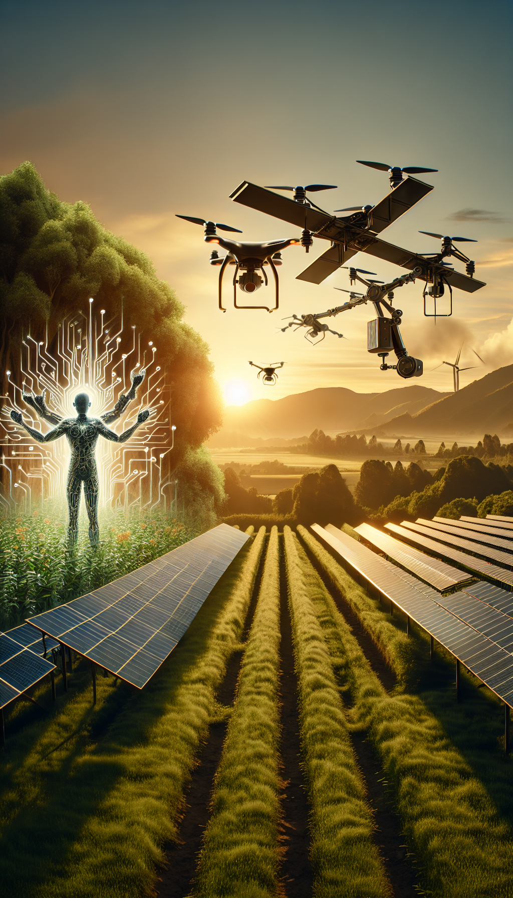 AI technology enhancing environmental sustainability with drones, solar panels, and smart irrigation.