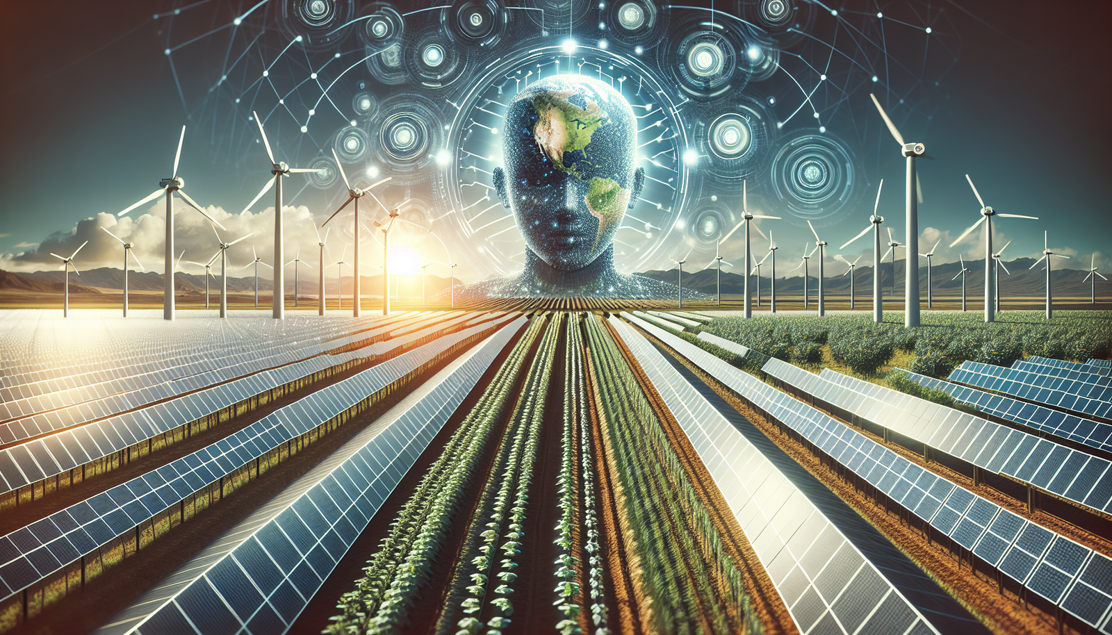 AI technology in sustainable development with solar panels and wind turbines.