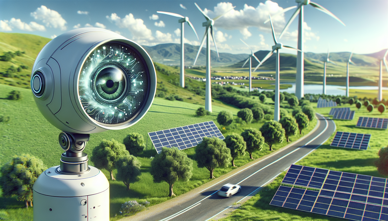 AI technology monitoring sustainable energy sources like wind turbines and solar panels.