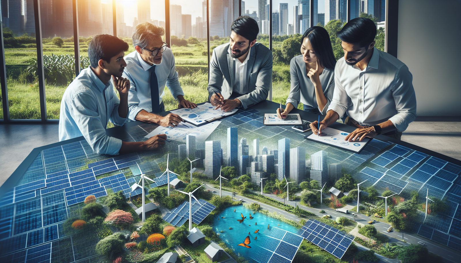 Professionals in sustainability fields like urban planning and renewable energy, in a realistic cityscape setting.