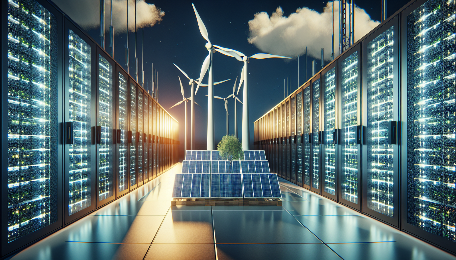 Data center powered by renewable energy with solar panels and wind turbines.