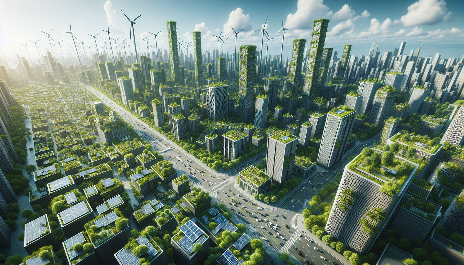 Sustainable cityscape with renewable energy and eco-friendly architecture.