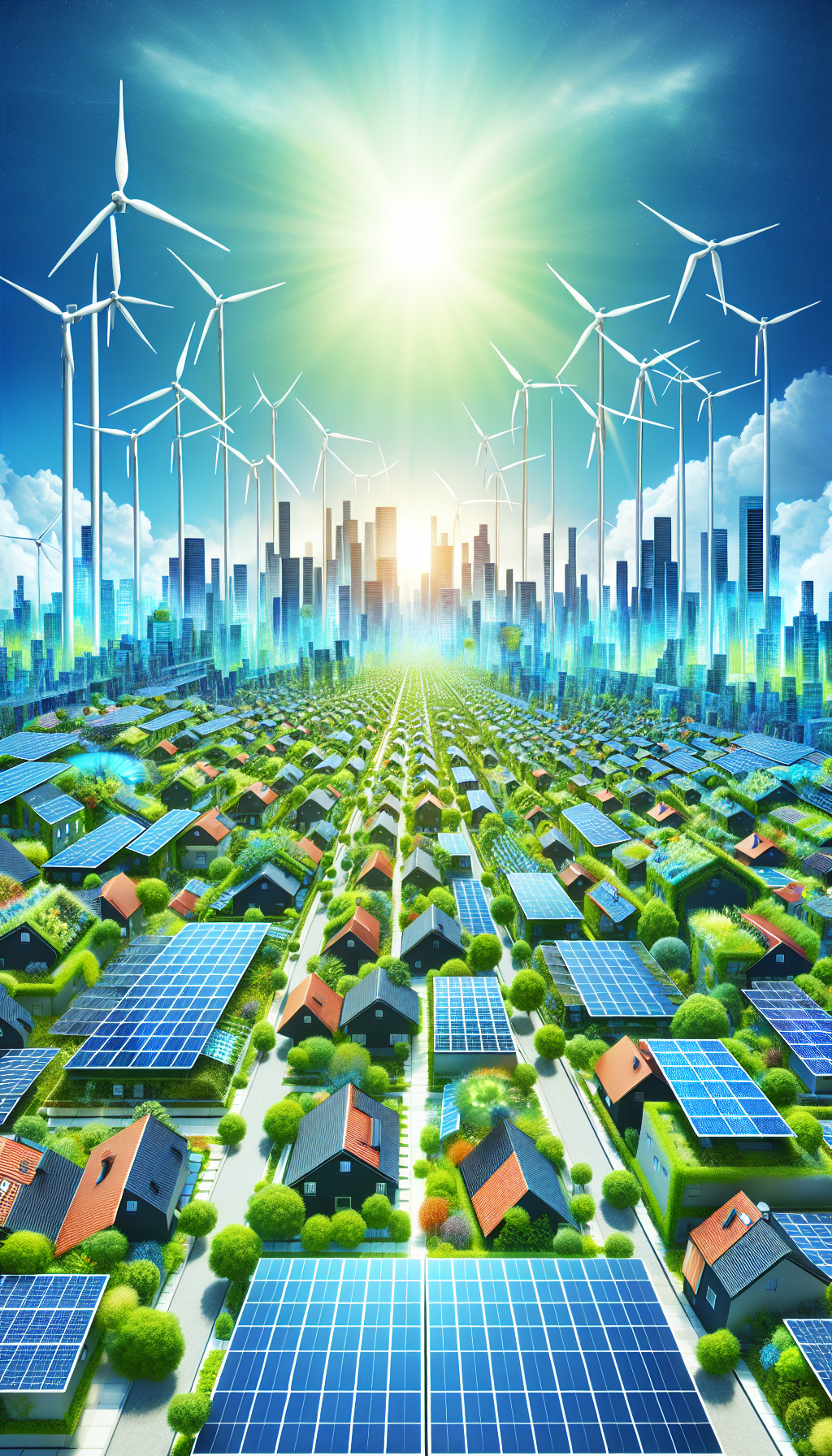 Sustainable cityscape with solar panels and wind turbines.