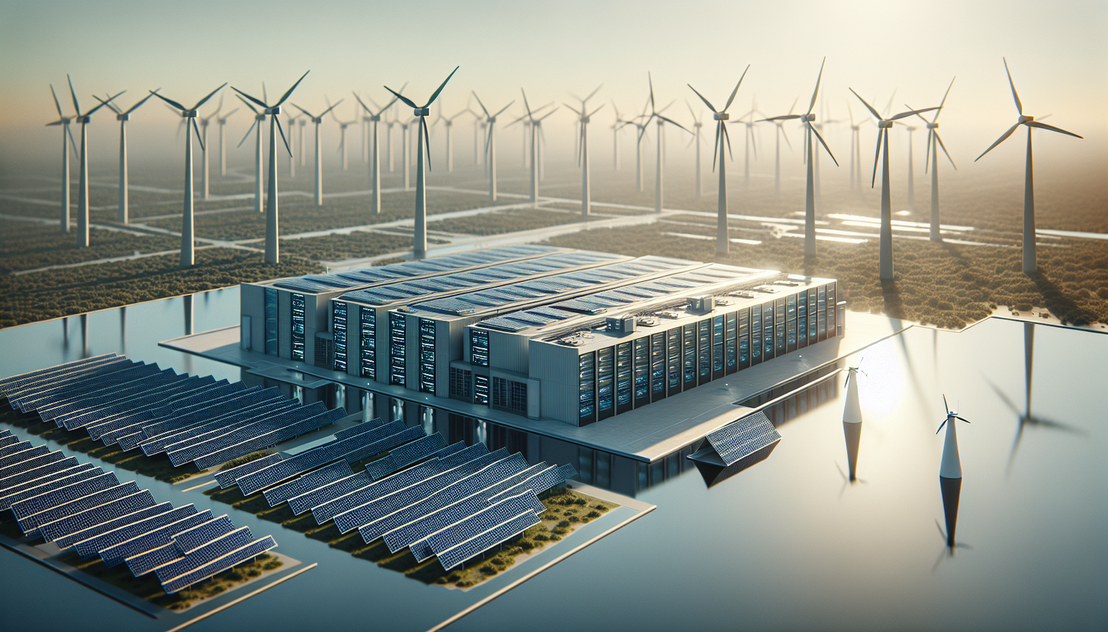 Renewable energy-powered data center with solar panels and wind turbines.