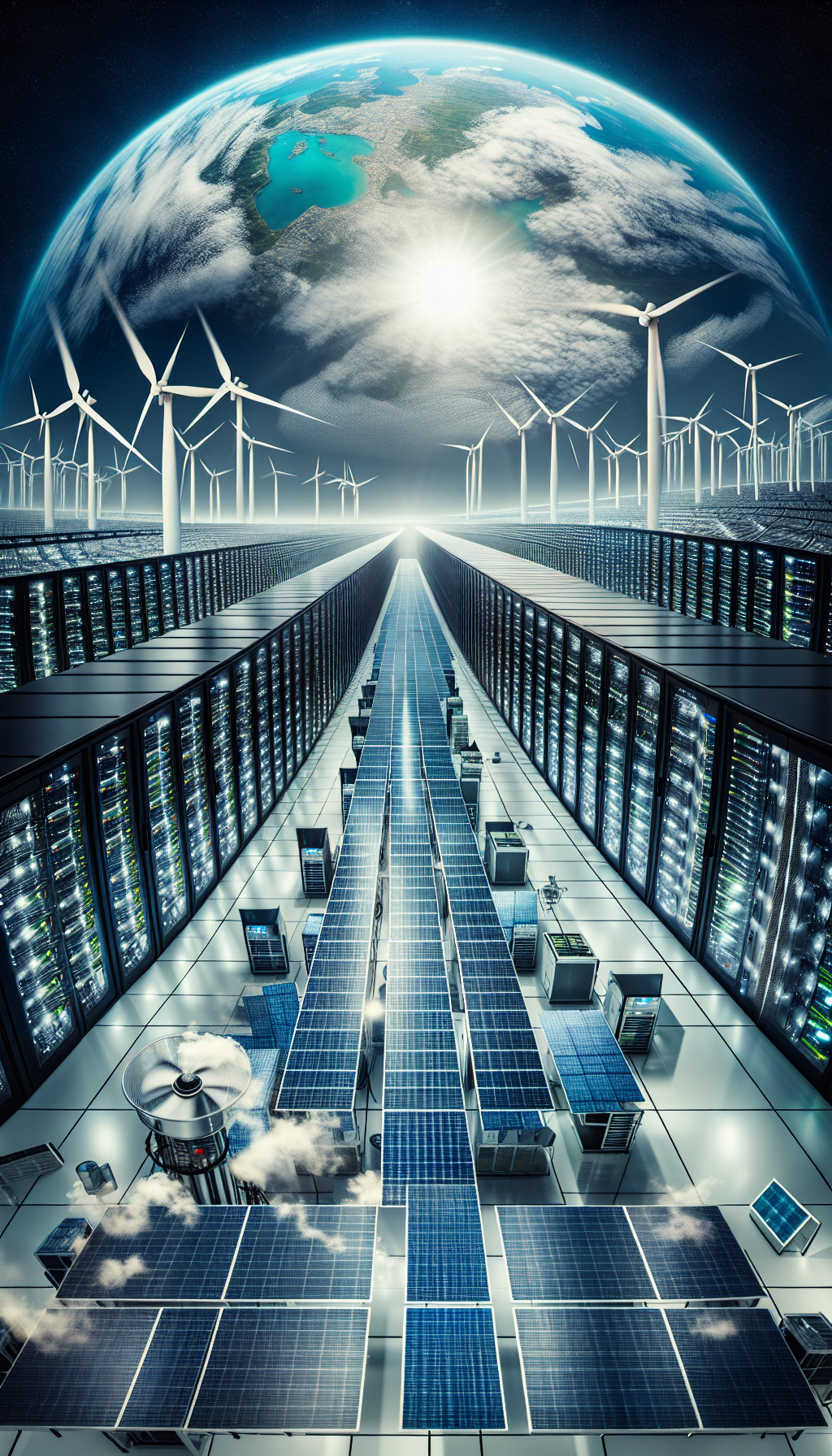 Data center with servers, wind turbines, and solar panels, highlighting AI's carbon impact and sustainability efforts.