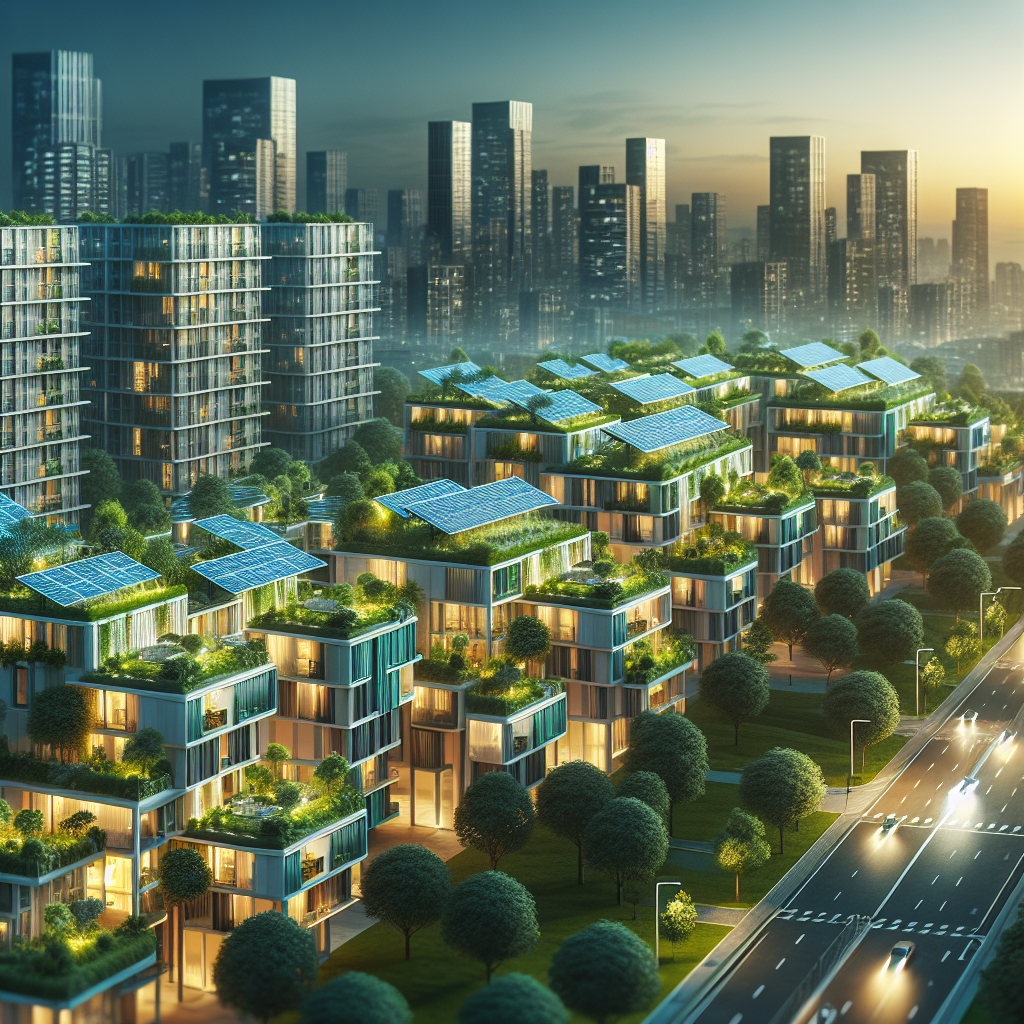 Sustainable urban development featuring green buildings and solar panels.