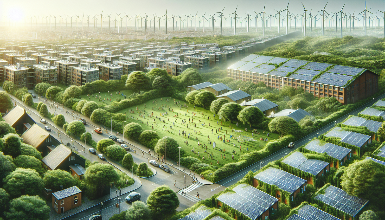 Urban park with solar panels and wind turbines, showcasing sustainability.