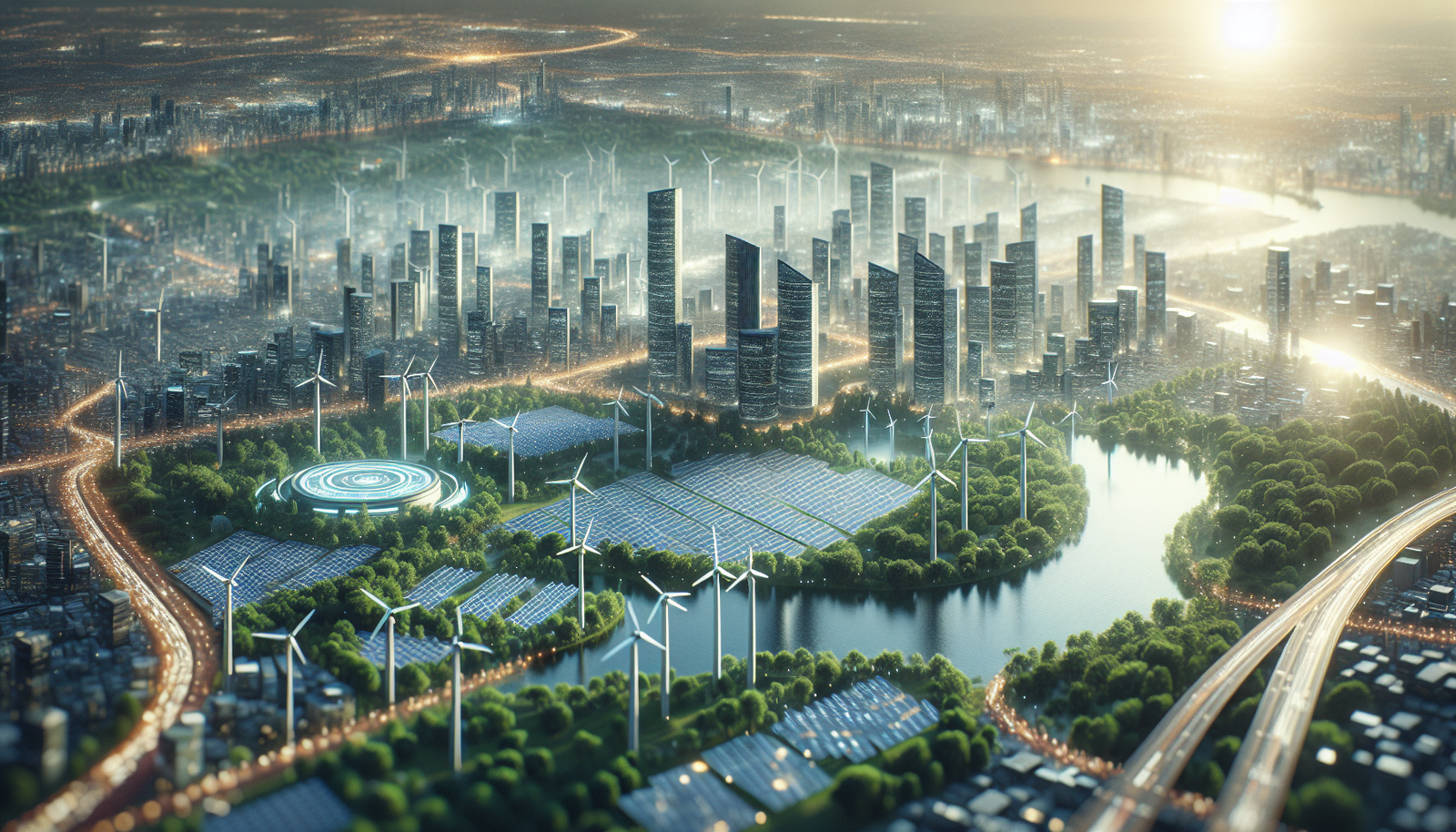 Futuristic cityscape with solar panels and wind turbines.