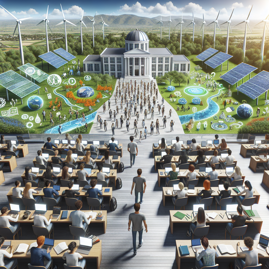 Students studying sustainability with solar panels and wind turbines in the background.
