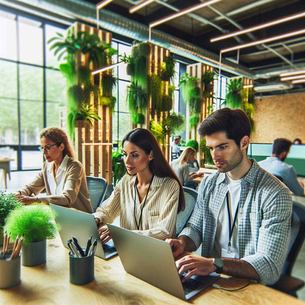 AI startup office with solar panels and diverse team collaborating.