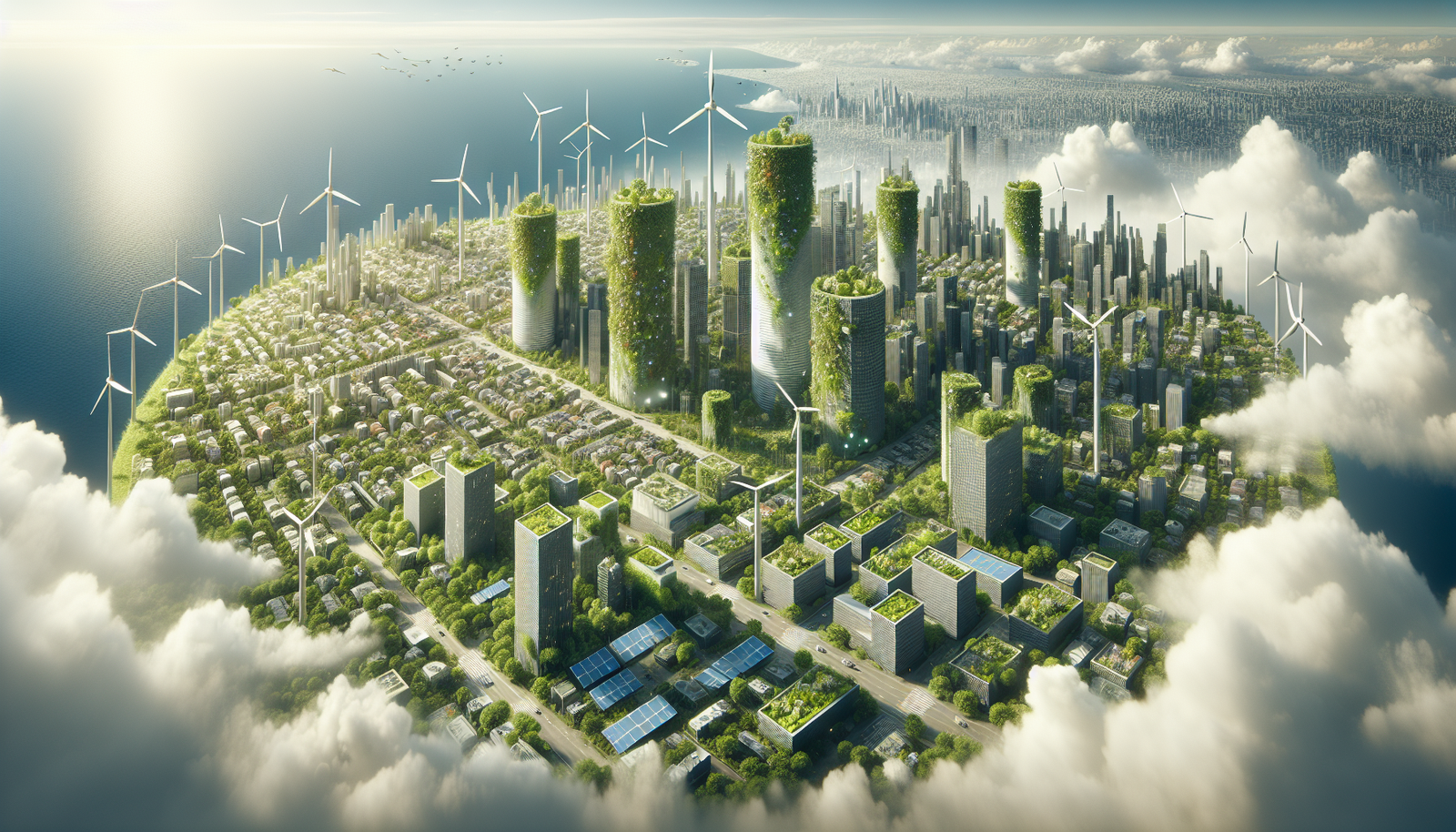 Sustainable cityscape with green buildings and urban gardens.