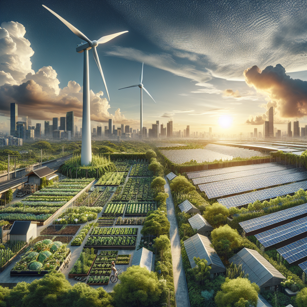 Panoramic view of sustainable elements like solar panels, wind turbines, and green urban areas.