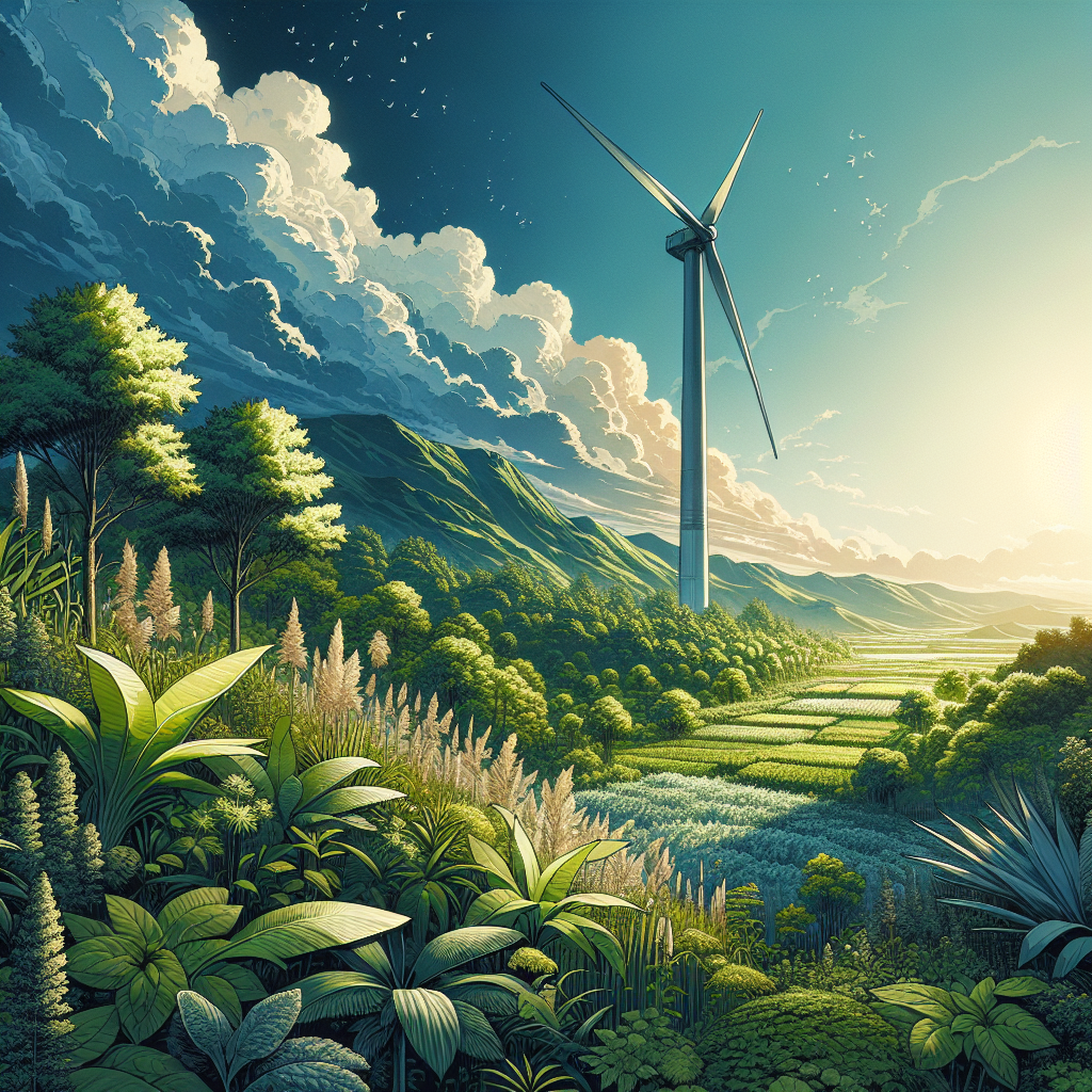 Lush landscape with diverse plants, highlighting sustainability and a silhouetted wind turbine.