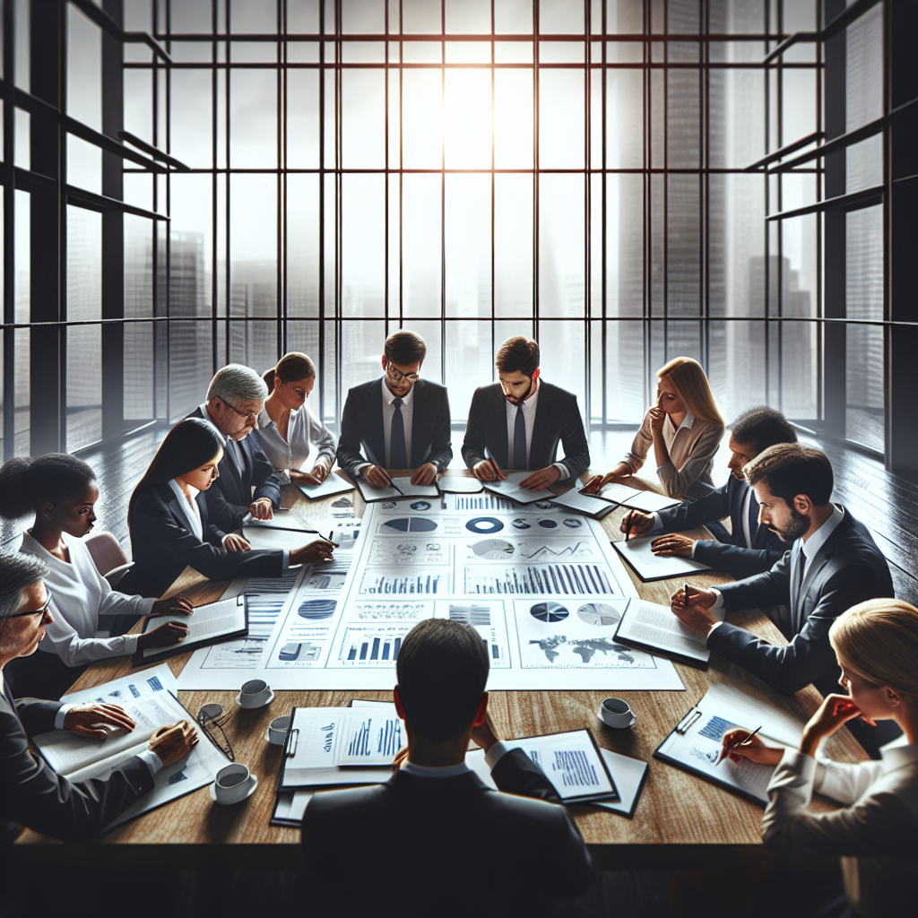 Corporate team reviewing a sustainability report with charts and graphs in a well-lit meeting room.