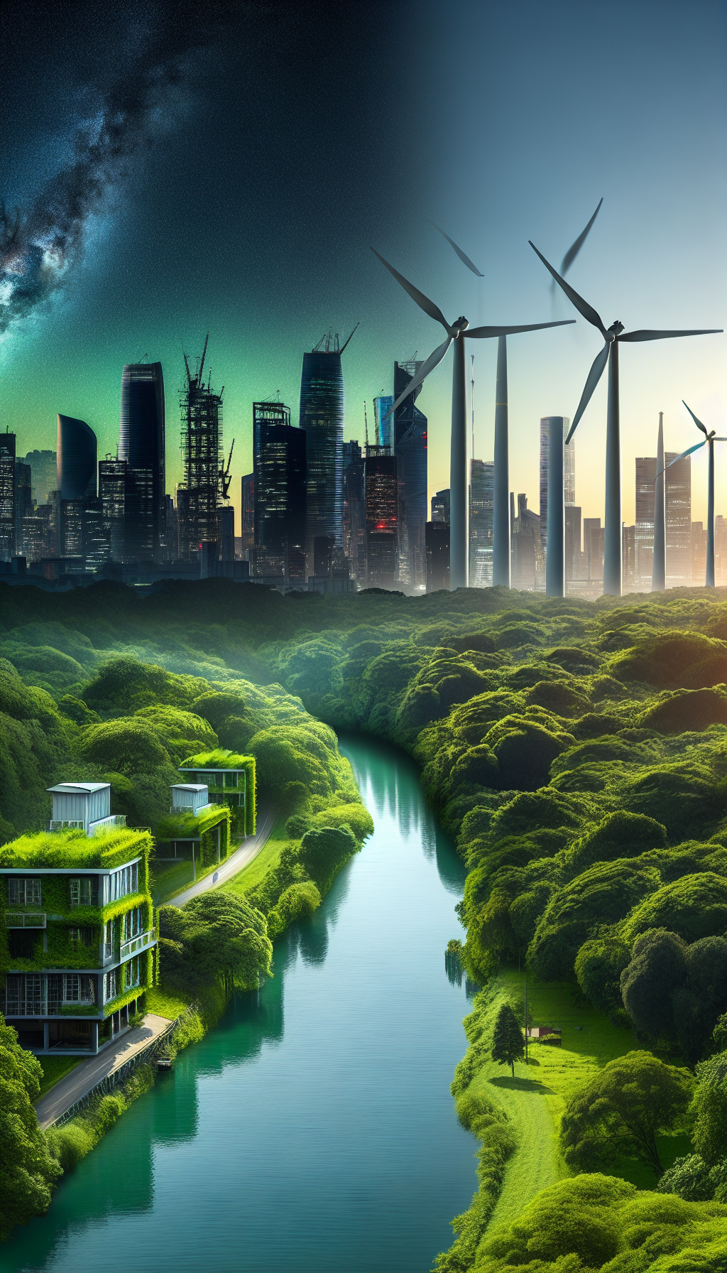 Sustainability concept image showing nature and cityscape balance.